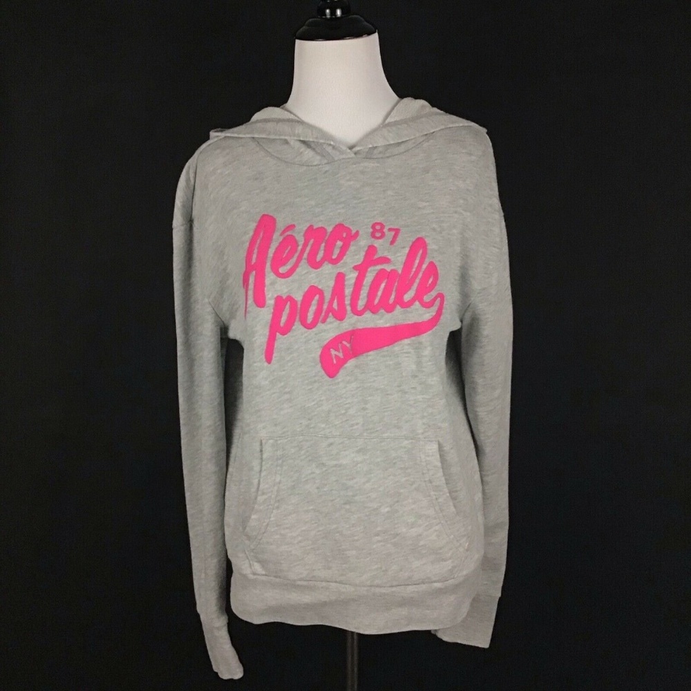 Aéropostale Hooded Sweatshirt Gray Pink Medium - Picture 2 of 7